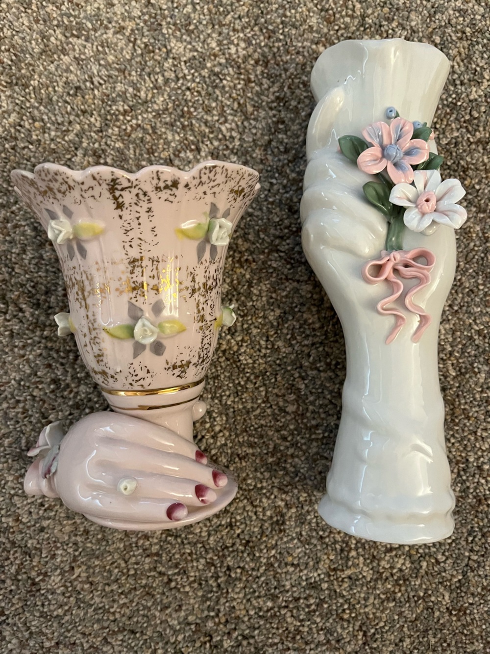 Porcelain Hand Vase with Pink Floral and Bud Vase